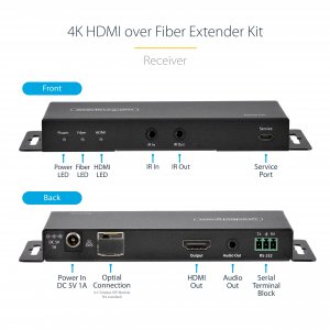 StarTech.com 4K HDMI over Fiber Extender Kit, 4K 60Hz up to 3300ft/1km (Single Mode) or 1000ft/300m (Multimode) LC Fiber Optic, HDR, HDCP, 3.5mm Audio/RS232/IR Extender, Transmitter and Receiver Kit