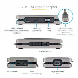 StarTech.com USB-C Dual Monitor Multiport Adapter up to 4K 60Hz USB-C DP Alt Mode Video Output & HDMI 2.0, or 1080p VGA, 100W PD Pass-Through, USB Type C Mini Dock, USB-C Docking Station, MST Hub
