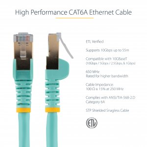 StarTech.com 1m CAT6a Ethernet Cable - 10 Gigabit Shielded Snagless RJ45 100W PoE Patch Cord - 10GbE STP Network Cable w/Strain Relief - Aqua Fluke Tested/Wiring is UL Certified/TIA