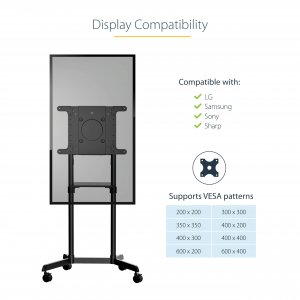 StarTech.com Mobile TV Cart - Portable Rolling TV Stand for 37-70" VESA Display (154lb/70kg) - TV Stand w/Shelf & Storage Compartment - Rotate/Tilt Display - Universal TV Mount on Wheels