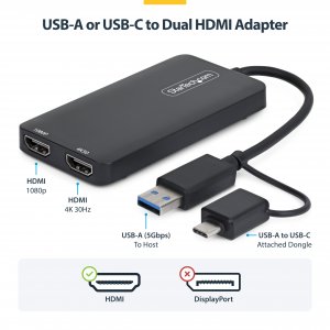 StarTech.com USB to Dual HDMI Adapter, USB A/C to 2x HDMI Displays (1x 4K30Hz, 1x 1080p), Integrated USB-A to C Dongle, 4in/11cm Cable, USB 3.0 to HDMI Display Adapter, Windows & macOS