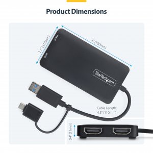 StarTech.com USB to Dual HDMI Adapter, USB A/C to 2x HDMI Displays (1x 4K30Hz, 1x 1080p), Integrated USB-A to C Dongle, 4in/11cm Cable, USB 3.0 to HDMI Display Adapter, Windows & macOS