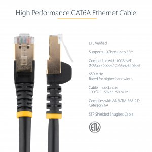 StarTech.com 3m CAT6a Ethernet Cable - 10 Gigabit Shielded Snagless RJ45 100W PoE Patch Cord - 10GbE STP Network Cable w/Strain Relief - Black Fluke Tested/Wiring is UL Certified/TIA