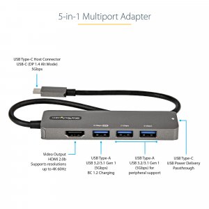 StarTech.com USB C Multiport Adapter - USB-C to HDMI 2.0b 4K 60Hz (HDR10), 100W Power Delivery Pass-Through, 4-Port USB 3.0 Hub - USB Type-C Mini Dock - 12" (30cm) Long Attached Cable