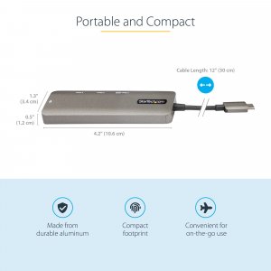 StarTech.com USB C Multiport Adapter - USB-C to HDMI 2.0b 4K 60Hz (HDR10), 100W Power Delivery Pass-Through, 4-Port USB 3.0 Hub - USB Type-C Mini Dock - 12" (30cm) Long Attached Cable
