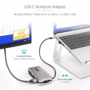StarTech.com USB-C Multiport Adapter - HDMI/VGA - 4K 60Hz - 3-Port USB Hub - 100W Power Delivery Pass-Through - GbE - Travel Mini Docking Station w/ Charging - 1ft/30cm Wrap-Around Cable
