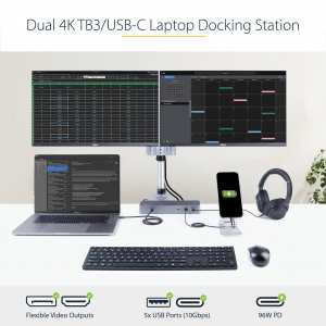 StarTech.com USB C Docking Station for Macbook Pro/Air-M1/M2/M3/M4, Thunderbolt Compatible, HDMI/DisplayPort, Dual 4K 60Hz/Single 8K, USB Type-C Laptop Dock, 96W Power Delivery, USB 10Gbps