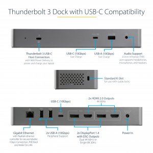 StarTech.com USB C Docking Station for Macbook Pro/Air-M1/M2/M3/M4, Thunderbolt Compatible, HDMI/DisplayPort, Dual 4K 60Hz/Single 8K, USB Type-C Laptop Dock, 96W Power Delivery, USB 10Gbps