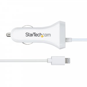 StarTech.com Lightning Car Charger with Coiled Cable, 1m Coiled Lightning Cable, 12W, White, 2 Port USB Car Charger Adapter for Phones and Tablets, Dual USB In Car iPhone Charger