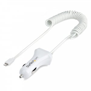 StarTech.com Lightning Car Charger with Coiled Cable, 1m Coiled Lightning Cable, 12W, White, 2 Port USB Car Charger Adapter for Phones and Tablets, Dual USB In Car iPhone Charger
