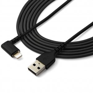 StarTech.com 6ft (2m) Durable USB A to Lightning Cable - Black 90° Right Angled Heavy Duty Rugged Aramid Fiber USB Type A to Lightning Charging/Sync Cord - Apple MFi Certified - iPhone